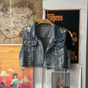 Distressed Denim Cropped Vest Jacket